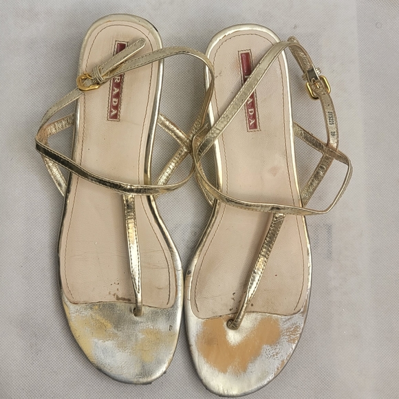 Prada gold T strap sandals with small wedge size 39 - Picture 14 of 15